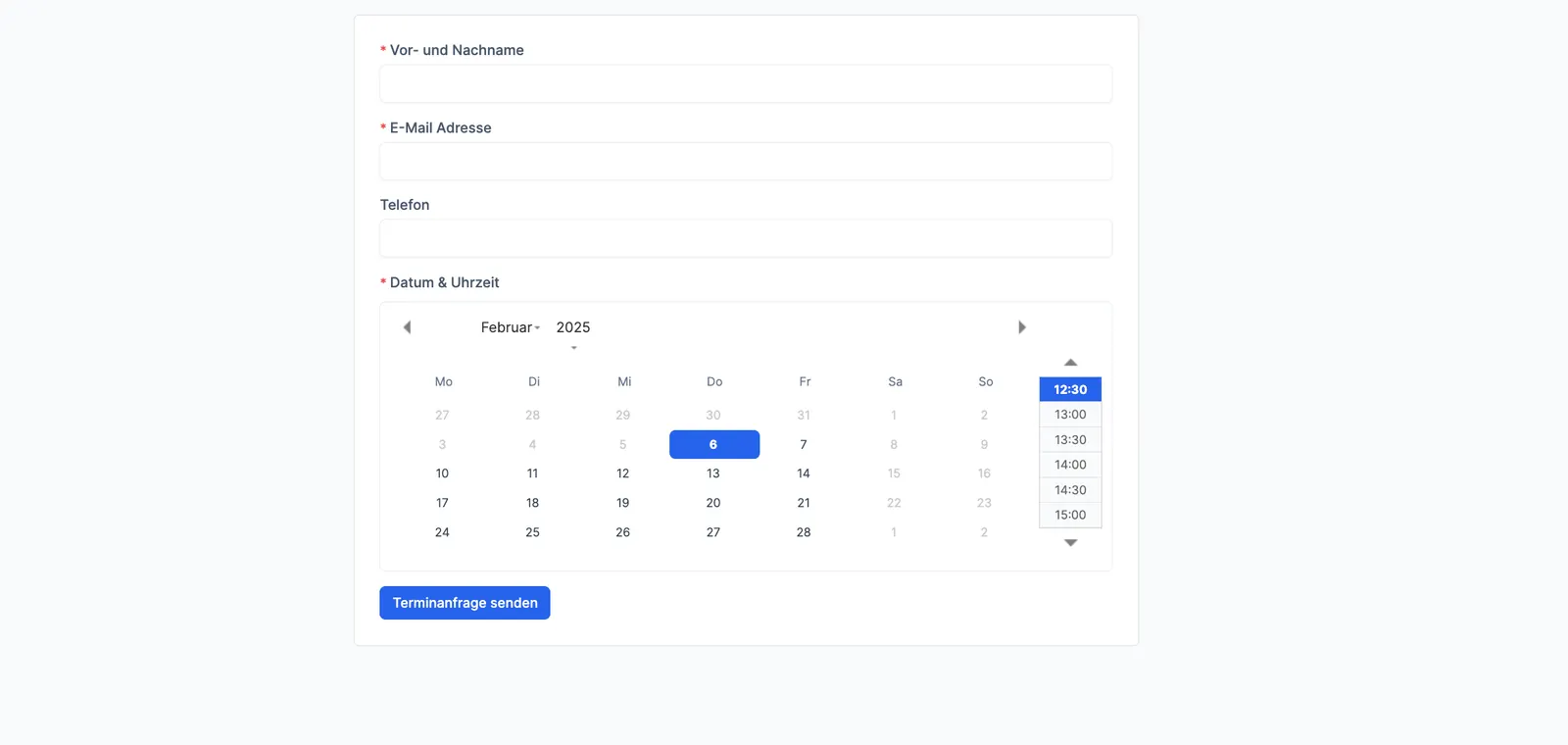 Formular für Terminanfragen in Collabo ERP