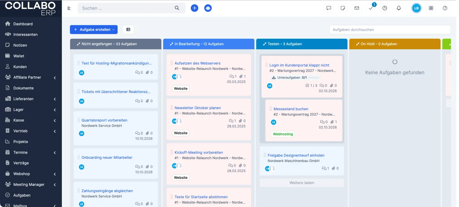 Aufgaben-Kanban in Collabo ERP