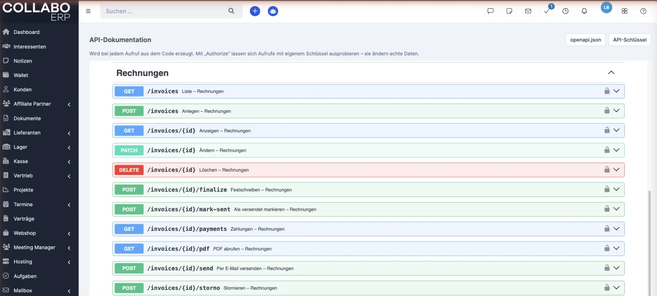 API-Dokumentation in Collabo ERP mit den Endpunkten für Rechnungen